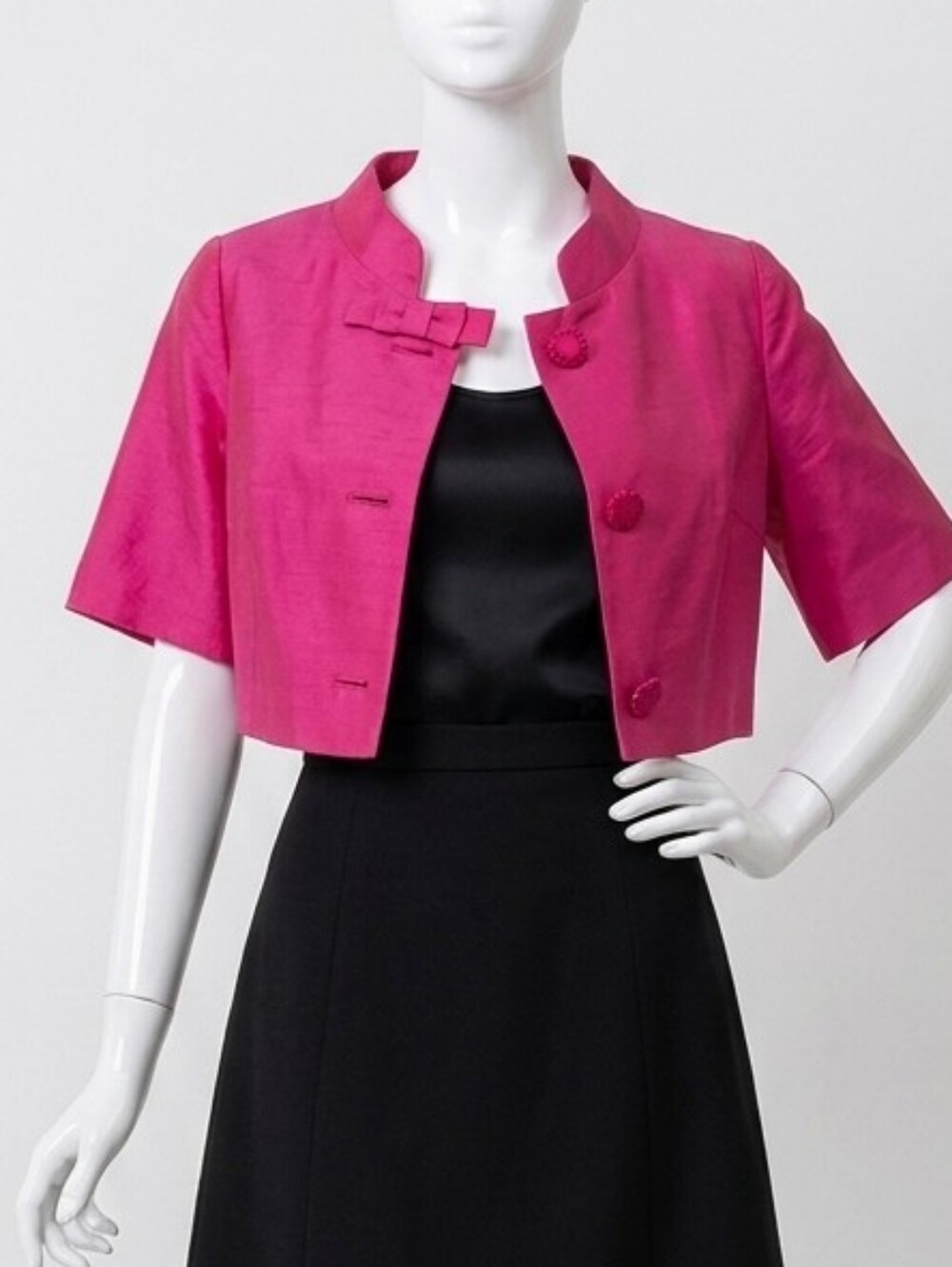 Vintage Fuchsia Pink 100% Silk Crop Blazer Short Sleeve Jackie O Medium
